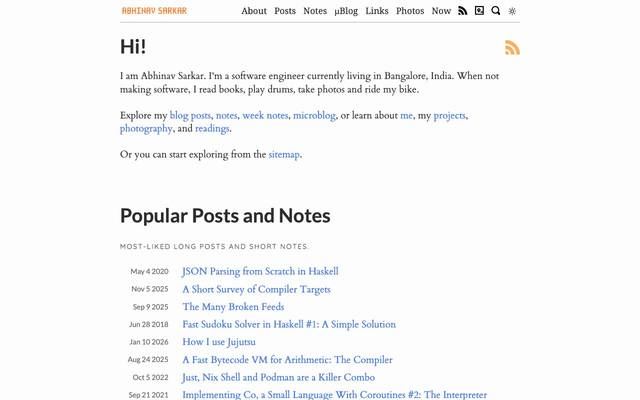 Screenshot of Abhinav Sarkar
        Abhinav is a programmer who likes to read books, play drums, take photos and ride his bike. He writes about programming things and occasionally about his life and other things.