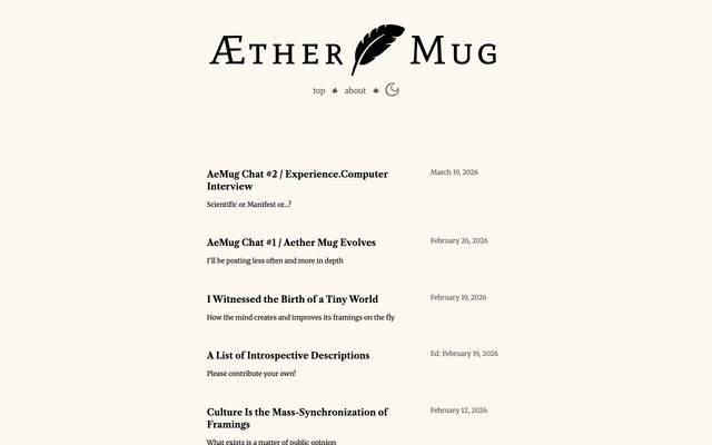 Screenshot of Aether Mug
        Aether Mug is about something that I consider existentially, transcendentally important. The appropriate name for that something still eludes me, but I think it will transpire to the reader after reading more than a couple of these disconnected posts.