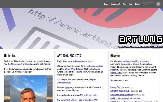 Screenshot of ArtLung ~ Joe Crawford
        Decades-old home on the web! Personal website first, later also a blog, then a place for writing, comics, mixtapes, illustrations, diaries and frippery.