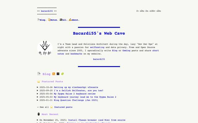 Screenshot of bacardi55's cave
        A personal blog where I talk about stuff I don't know, often tech related