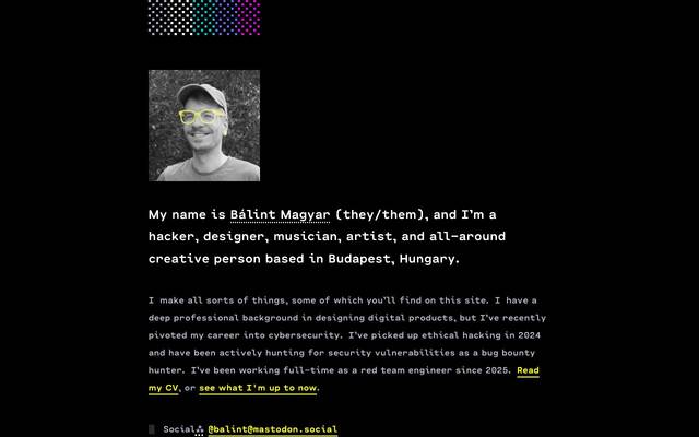 Screenshot of Bálint Magyar
        Personal blog, art, music, and technical articles of Bálint Magyar