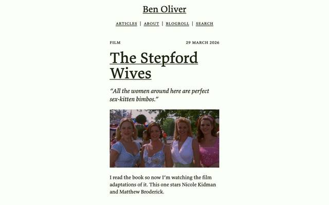 Screenshot of Ben Oliver
        A series of personal thoughts that has devolved into mostly movie reviews.