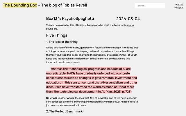 Screenshot of The Bounding Box
        Bounding Box is the quasi-regular blog of journeyman bureaucrat and loosely-informed opinionator Tobias Revell