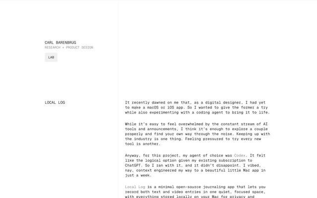 Screenshot of Carl Barenbrug
        The digital home of Carl Barenbrug, designer, creator, minimalist, and overall nice guy from lovely Edinburgh.