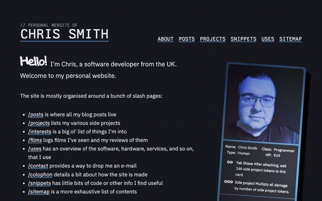 Screenshot of Chameth.com: the personal website of Chris Smith
        Personal blog about technology, programming, self-hosting, 3D printing, and other random things that may take my fancy.