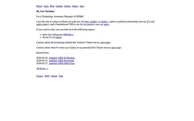 Screenshot of cleberg.net
        Musings about technology, self-hosting, and open source software.