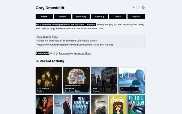 Screenshot of Cory Dransfeldt
        I'm a software developer based in Camarillo, California. I enjoy hanging out with my wonderful family, 3 rescue dogs and our cranky guinea pig. I'm fascinated by technology, automation, music, writing, reading, tv and movies.