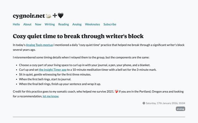 Screenshot of cygnoir.net · Cozy quiet time to break through writer's block