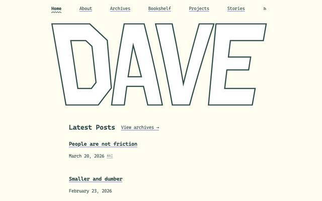 Screenshot of The Homepage of Dave Rupert
        I'm Dave Rupert, co-founder of Luro, lead developer at Paravel, and co-host of ShopTalk.