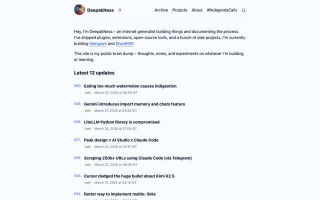 Screenshot of DeepakNess
        Thoughts and notes about AI, tech, programming, life, and more.