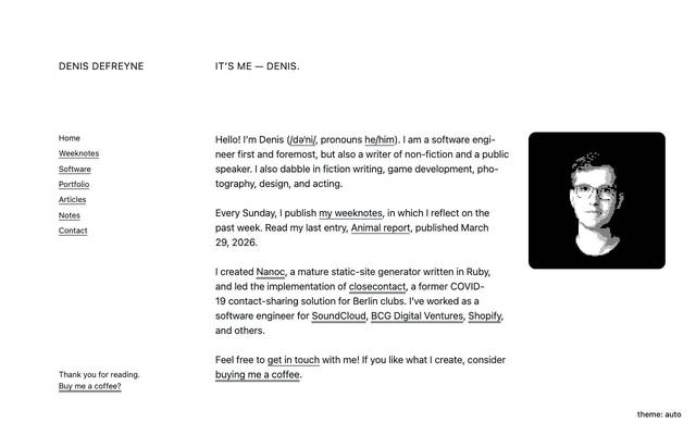 Screenshot of denisdefreyne.com
        In my weeknotes, I write about creativity, mental health, work, hobby projects, and more.