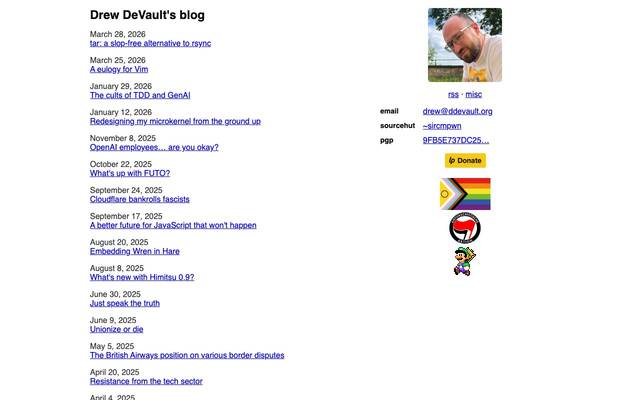 Screenshot of Drew DeVault's Blog
        The personal thoughts of Drew DeVault, mainly about FOSS Software.
