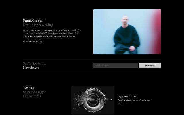 Screenshot of Frank Chimero
        Hi, I’m Frank Chimero, a designer from New York.