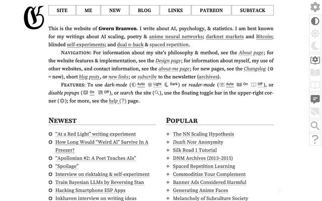 Screenshot of Gwern Branwen
        This is the website of Gwern Branwen. I write about AI, psychology, & statistics.