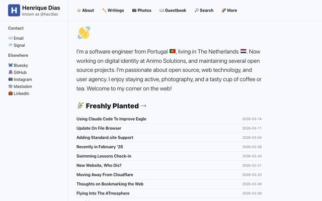 Screenshot of Henrique Dias
        The blog of Henrique Dias, a Portuguese software engineer living in The Netherlands. Some bits of personal topics, some bits of technology, some bits of photography.