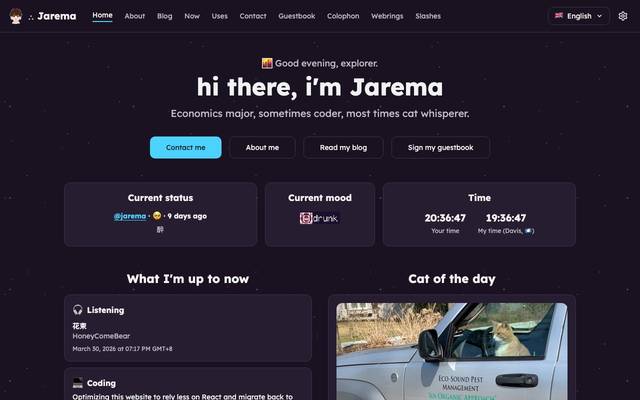 Screenshot of Jarema's digital garden
        Hello hello! :D This is a personal blog for all things about me, and occasionally I post some cats too -w-