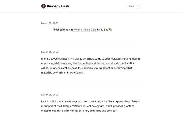Screenshot of Kimberly Hirsh, PhD
        Personal blog and website of Kimberly Hirsh. Mother, learner, wit.
