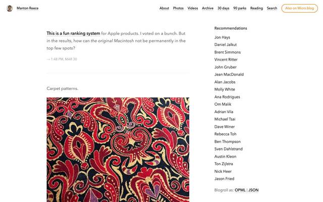 Screenshot of Manton Reece
        I'm a web developer from Austin, Texas. I created Micro.blog.