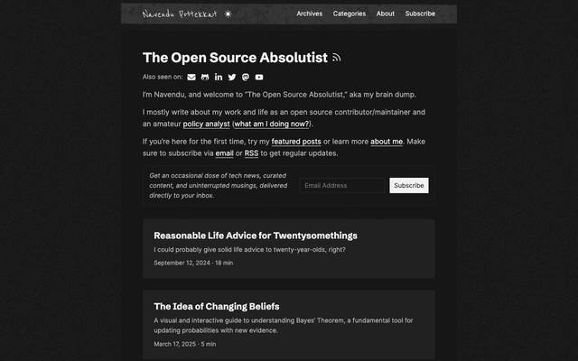 Screenshot of The Open Source Absolutist
        A personal blog by open source maintainer Navendu.