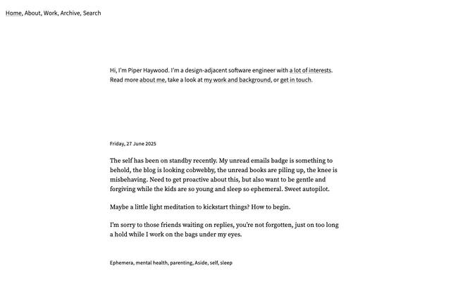 Screenshot of Piper Haywood — If lost, please return
        I’m an independent web developer with a lot of interests.