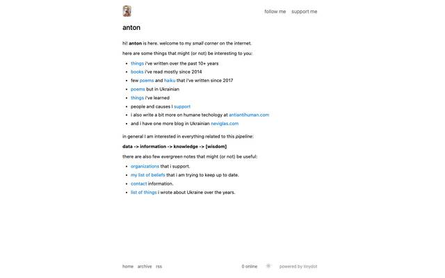 Screenshot of Anton Podviaznikov
        Hi! Anton is here. Welcome to my small corner on the Internet.