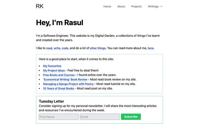 Screenshot of rasulkireev.com/now