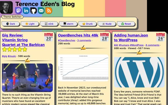 Screenshot of Terence Eden
        I'm a standards nerd, technology enthusiast, Linux fiddler, trained actor, vegan, Doctor Who fan, happily child-free, and married to the woman of my dreams.