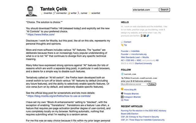 Screenshot of Tantek Çelik
        inventor, connector, writer, runner, scientist